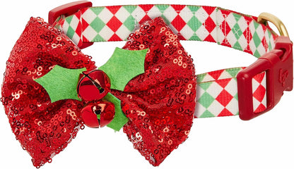 Polka Dots Christmas Dog Collar, Large, Adjustable 18"-26" Neck, Holiday Dog Collar with Bow for Large Dogs