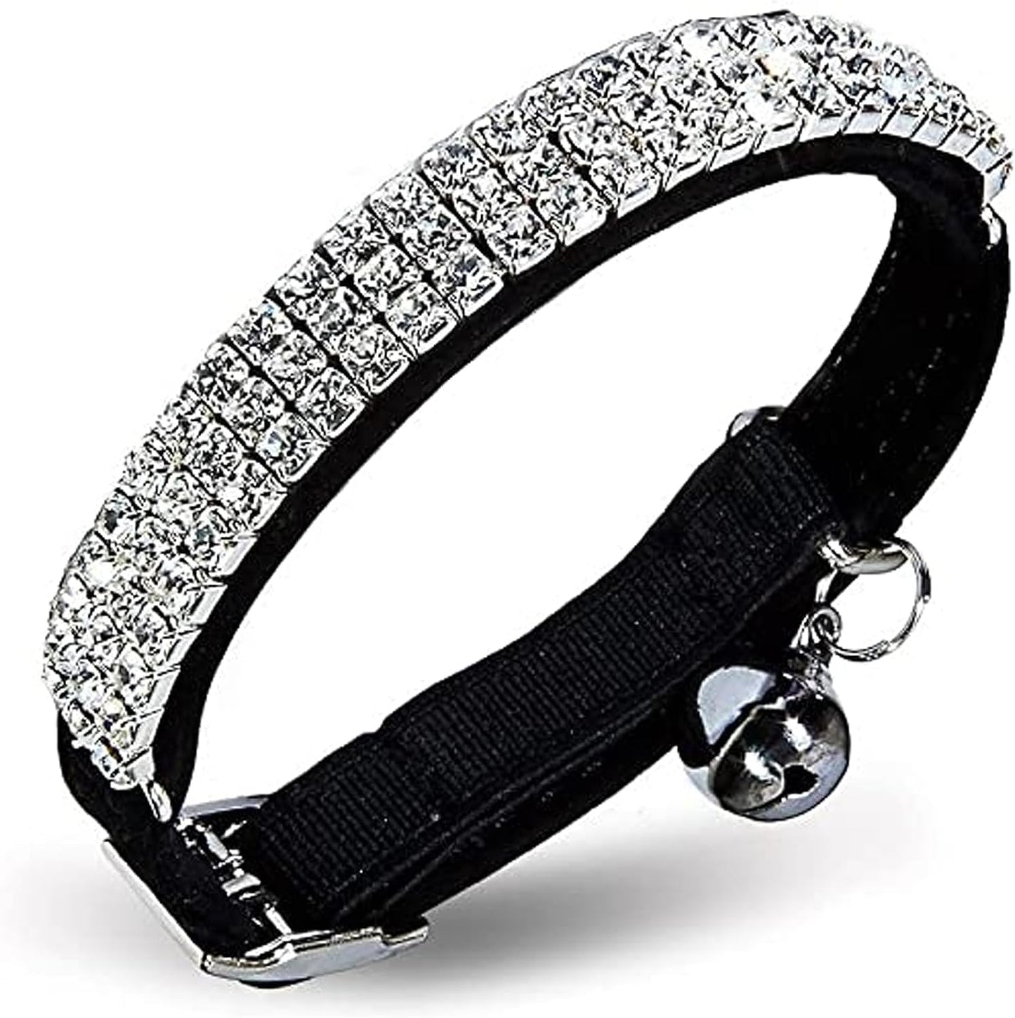 Soft Velvet Safe Cat Adjustable Collar Bling Diamante with Bells,11 Inch for Small Dogs and Cats (Black)