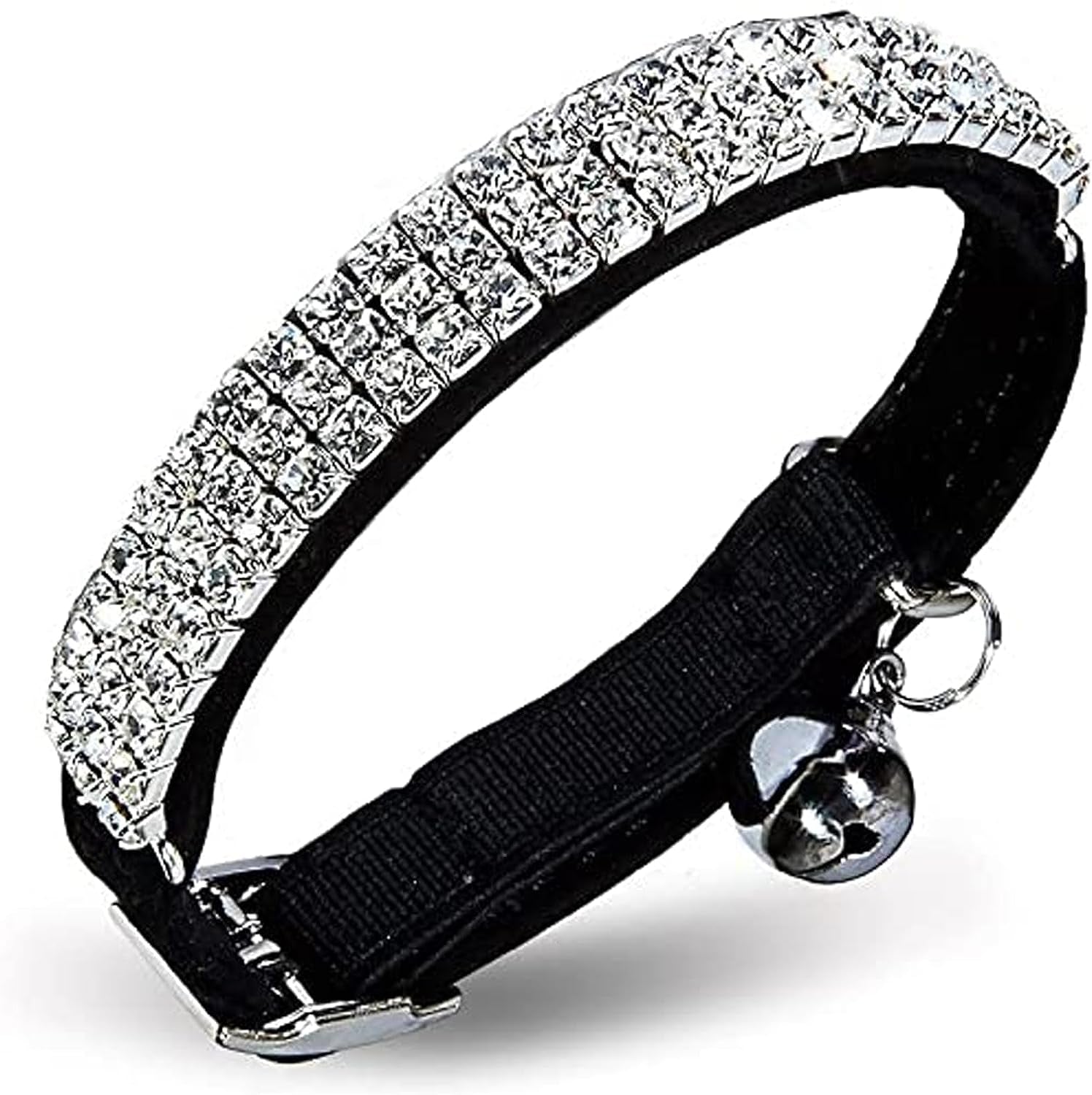 Soft Velvet Safe Cat Adjustable Collar Bling Diamante with Bells,11 Inch for Small Dogs and Cats (Black)