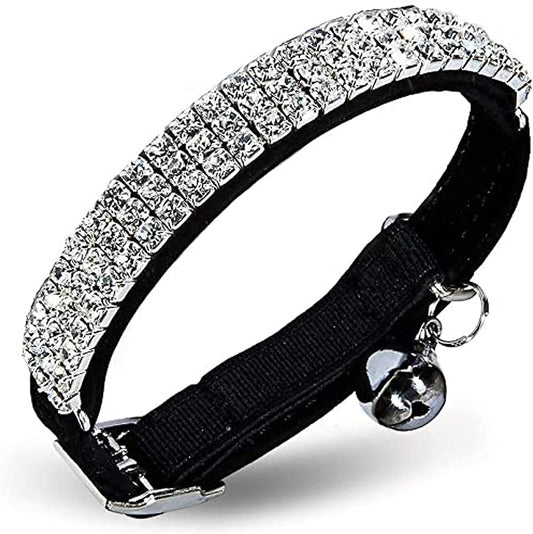 Soft Velvet Safe Cat Adjustable Collar Bling Diamante with Bells,11 Inch for Small Dogs and Cats (Black)