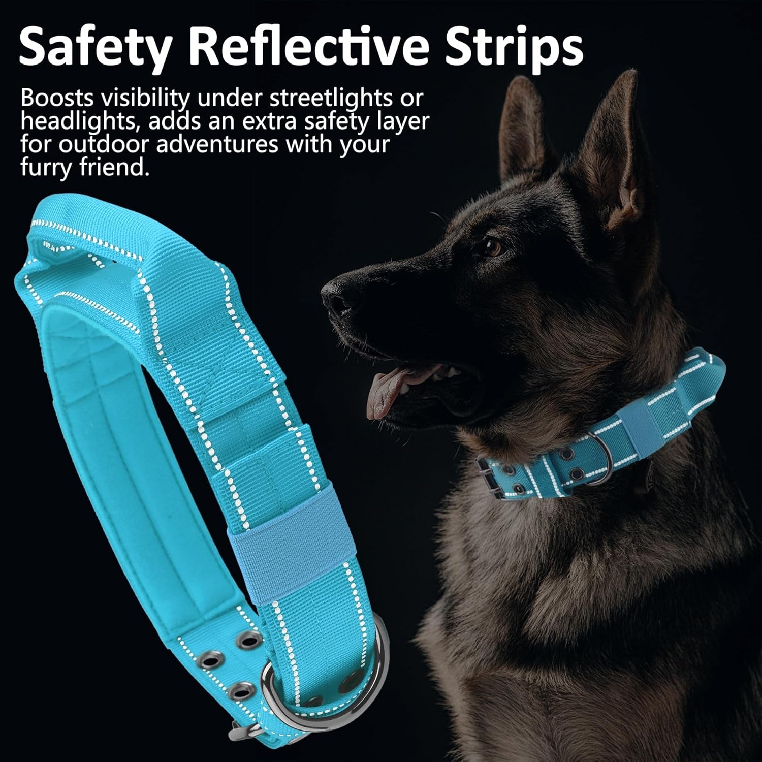Tactical Dog Collar with Control Handle, Military Adjustable Pet Collar Reflective Heavy Metal Buckle Dog Collar, Soft Nylon Training Collar for Medium Large Dogs (Blue, Large)