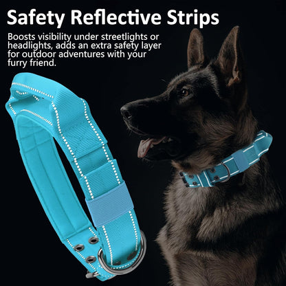 Tactical Dog Collar with Control Handle, Military Adjustable Pet Collar Reflective Heavy Metal Buckle Dog Collar, Soft Nylon Training Collar for Medium Large Dogs (Blue, Large)