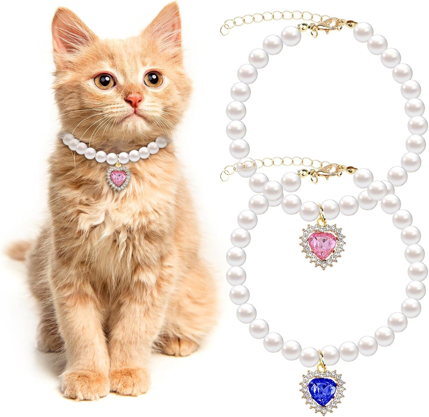 2Pcs Cute Girl Cat Collar, Fancy Dog Pearl Necklace Collars Adjustable Pearl Dog Cats Collars with Small Heart Shape Rhinestone for Small Dogs and Cats, Pink Heart + White Heart