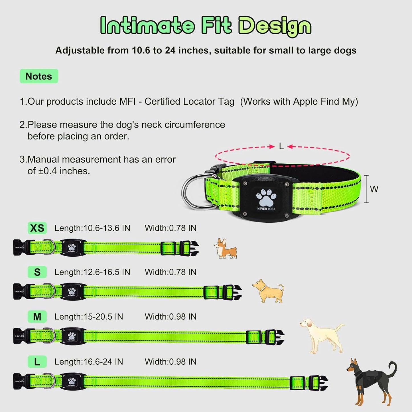 GPS Dog Collar Tracker 2-In-1,Reflective Waterproof Pet Collar,Ios-Only,No Monthly Fees,Unlimited Range,Ideal for Dog Tracking Pet Tracker,For Small Medium Large Dogs(M (15"-20.5"), Green)