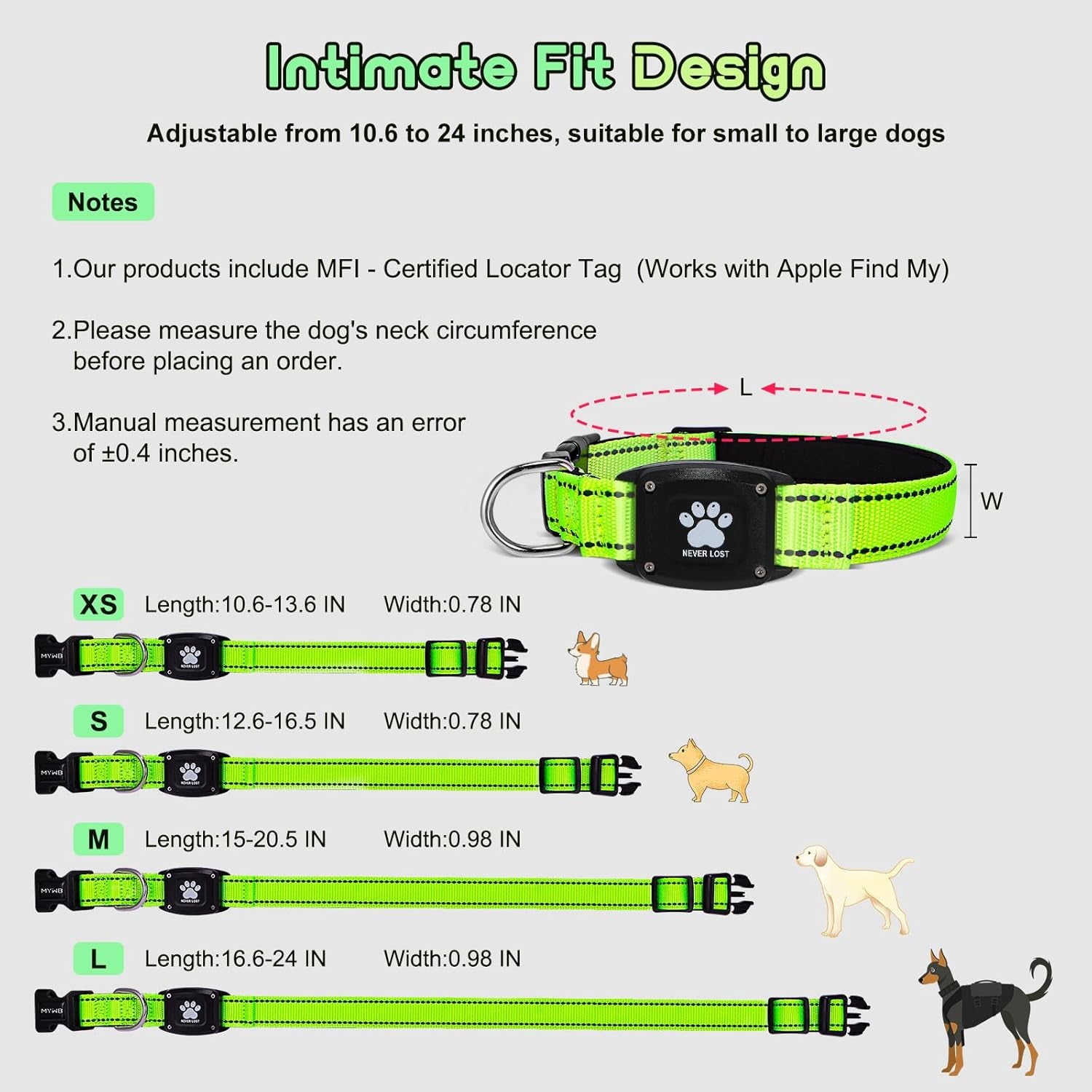 GPS Dog Collar Tracker 2-In-1,Reflective Waterproof Pet Collar,Ios-Only,No Monthly Fees,Unlimited Range,Ideal for Dog Tracking Pet Tracker,For Small Medium Large Dogs(M (15"-20.5"), Green)