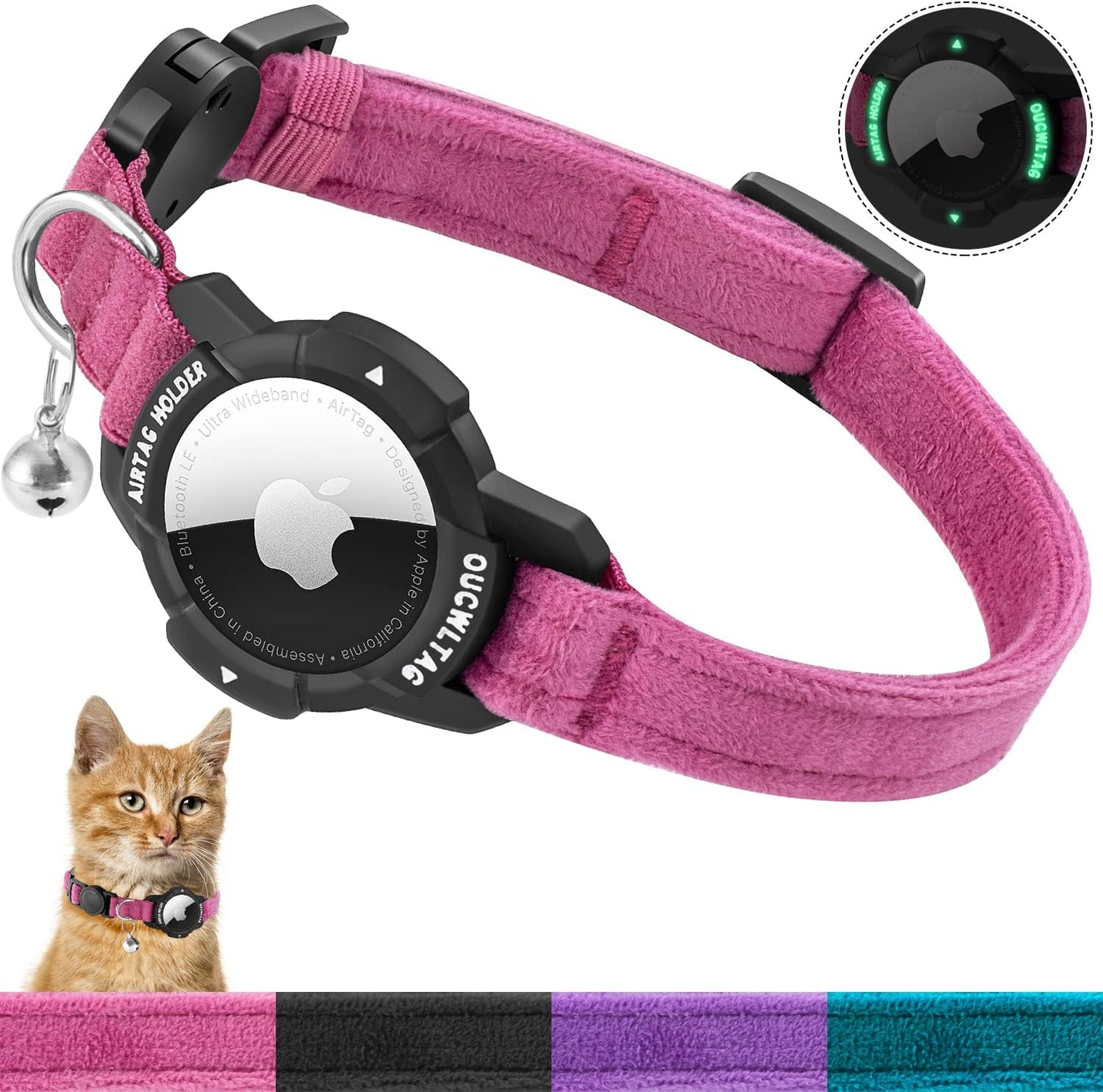 Luminous Airtag Cat Collar Breakaway,  GPS Cat Collar with Apple Air Tag Holder, Cat Tracker Collars with Safety Elastic Band for Girl Boy Cats, Kittens and Puppies (Blue, 9-13 Inch)