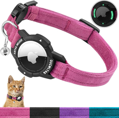 Luminous Airtag Cat Collar Breakaway,  GPS Cat Collar with Apple Air Tag Holder, Cat Tracker Collars with Safety Elastic Band for Girl Boy Cats, Kittens and Puppies (Blue, 9-13 Inch)
