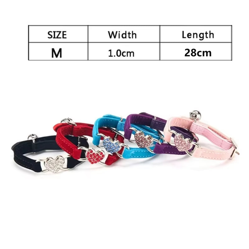 Heart Shaped Cat Collar with Bell Safety Elastic Adjustable Collar Soft Velvet Cat Crystal Collar for Kitten Puppy Pet Supplies