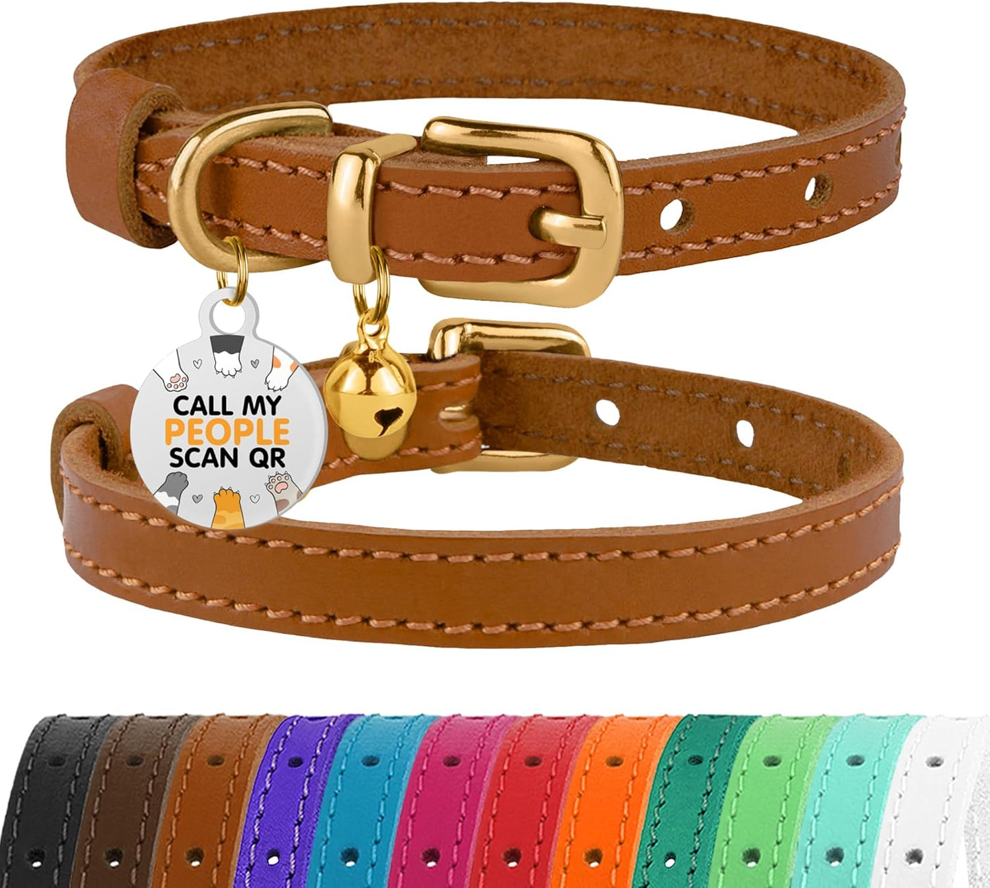 Leather Cat Collar with Removable Bells Non Breakaway Kitten QR Tag for Girl Boy (7" - 9" for Cats, Purple & Gold)