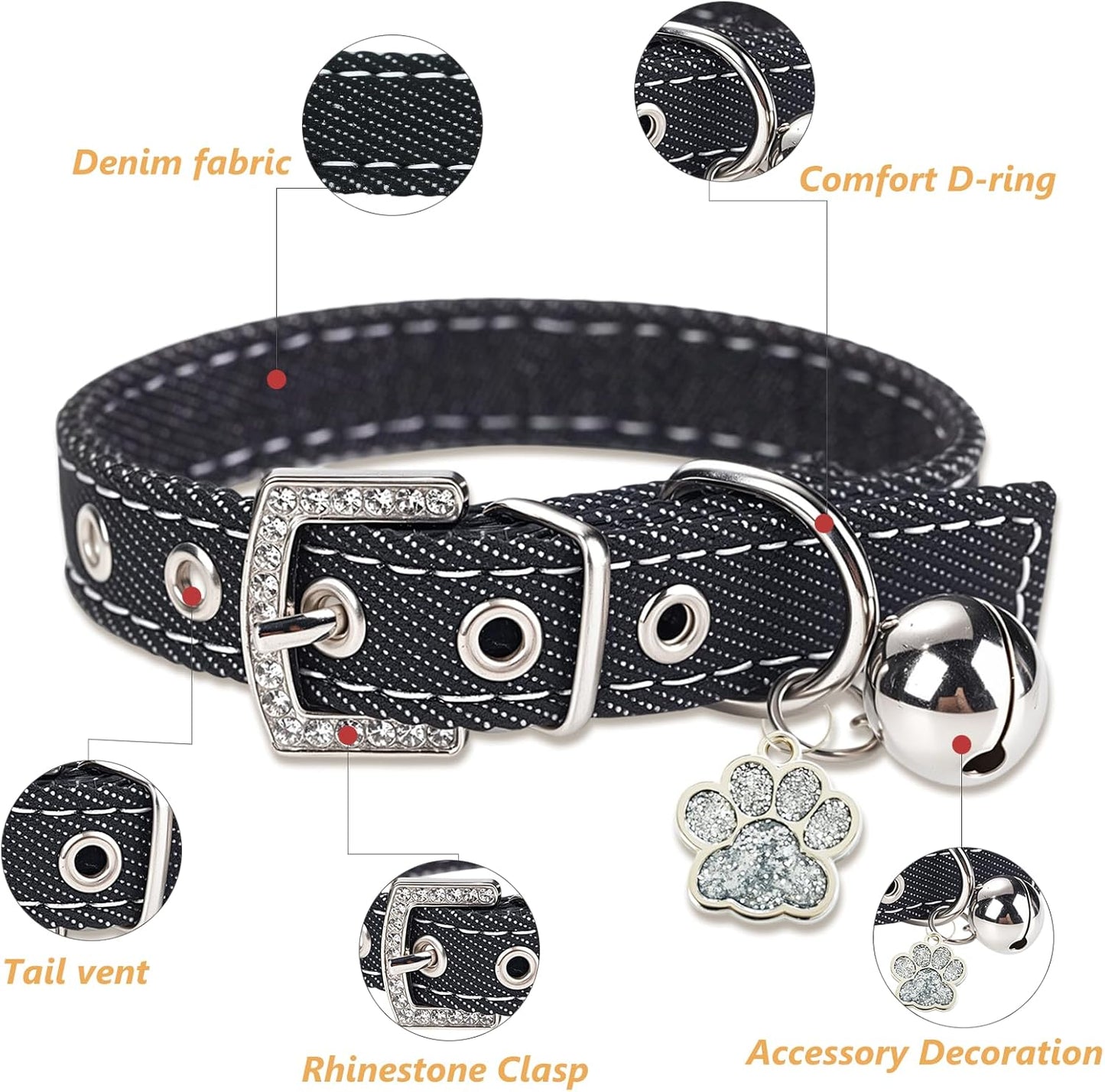Black Premium Denim Pet Collar - Adjustable for Small Dogs & Cats, Rhinestone-Encrusted Buckle, Silver Glittery Paw Pendant & Bell, Size M Durable Fashion Denim Collar