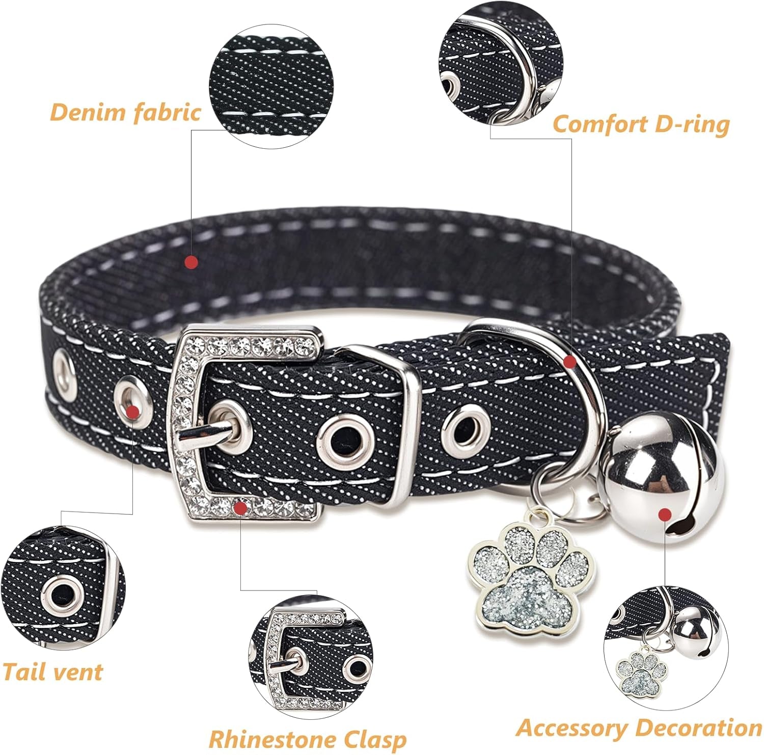 Black Premium Denim Pet Collar - Adjustable for Small Dogs & Cats, Rhinestone-Encrusted Buckle, Silver Glittery Paw Pendant & Bell, Size M Durable Fashion Denim Collar