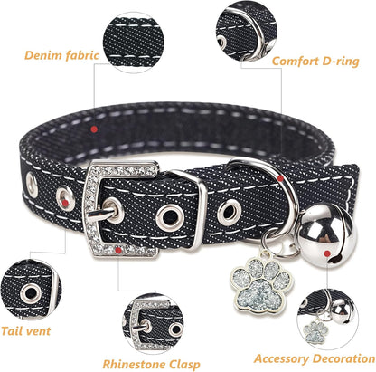 Black Premium Denim Pet Collar - Adjustable for Small Dogs & Cats, Rhinestone-Encrusted Buckle, Silver Glittery Paw Pendant & Bell, Size M Durable Fashion Denim Collar