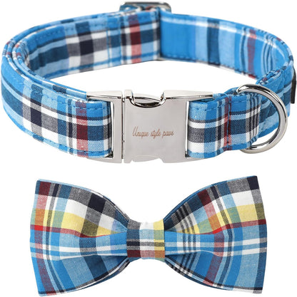 Plaid Dog Collar with Bow Pet Gift Adjustable Soft and Comfy Bowtie Collars for Small Medium Large Dogs