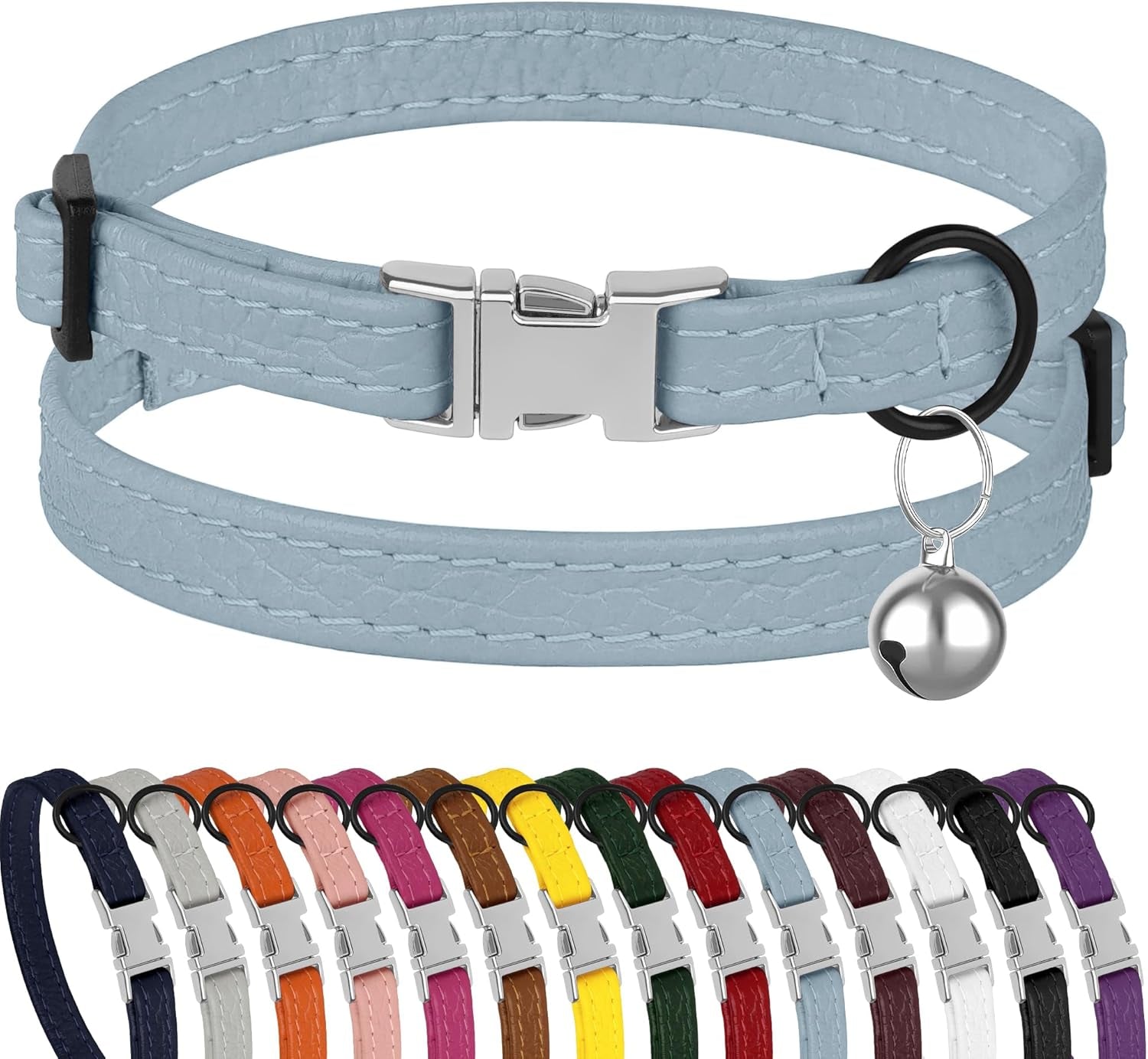 Leather Cat Collar with Buckle and Removable Bell - Non Breakaway Adjustable Soft Safety Small Pet Collars for Girl Boy Cats Kitten (Black)