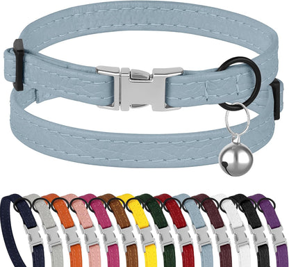 Leather Cat Collar with Buckle and Removable Bell - Non Breakaway Adjustable Soft Safety Small Pet Collars for Girl Boy Cats Kitten (Black)