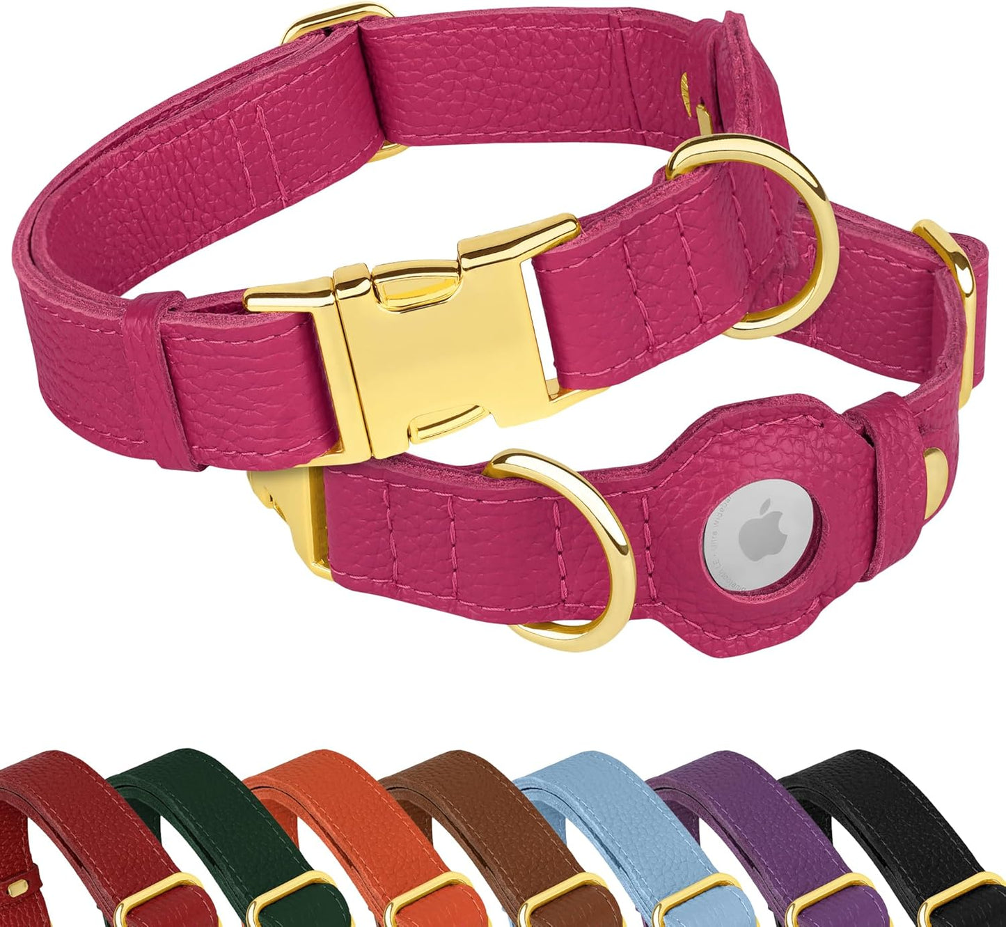 Leather Airtag Dog Collar - Soft Tracking Dog Collar with Apple Airtag Holder and Metal Buckle - Safety GPS Pet Collars for Small Medium Large Dogs Puppy Pink Red (Purple, XS, 9"-12" Neck Fit)