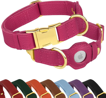 Leather Airtag Dog Collar - Soft Tracking Dog Collar with Apple Airtag Holder and Metal Buckle - Safety GPS Pet Collars for Small Medium Large Dogs Puppy Pink Red (Purple, XS, 9"-12" Neck Fit)