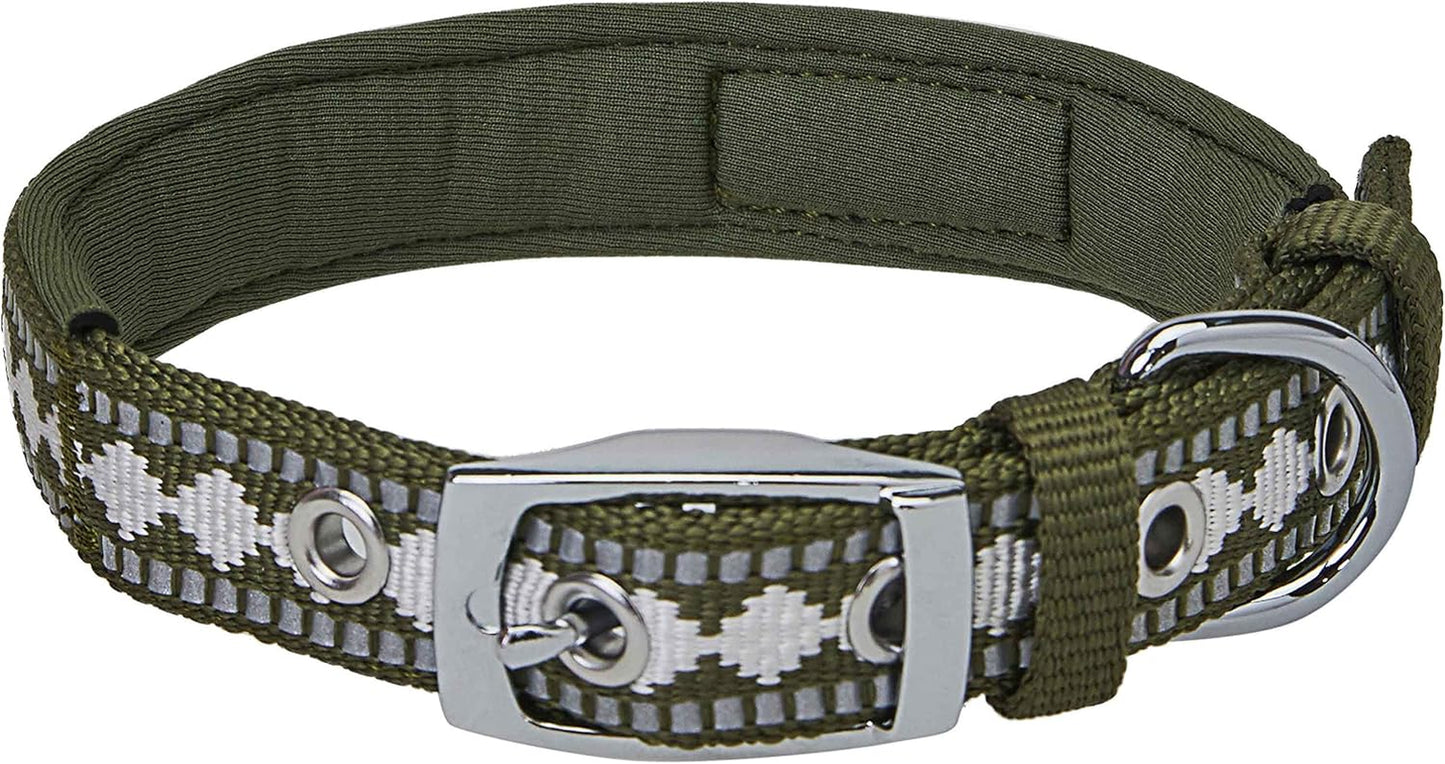 Reflective Jacquard Dog Collar with Neoprene Padding & Metal Buckle | Soft & Adjustable Safety Collar - Olive, Neck 13-16.5", for Medium Breed