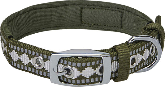 Reflective Jacquard Dog Collar with Neoprene Padding & Metal Buckle | Soft & Adjustable Safety Collar - Olive, Neck 13-16.5", for Medium Breed