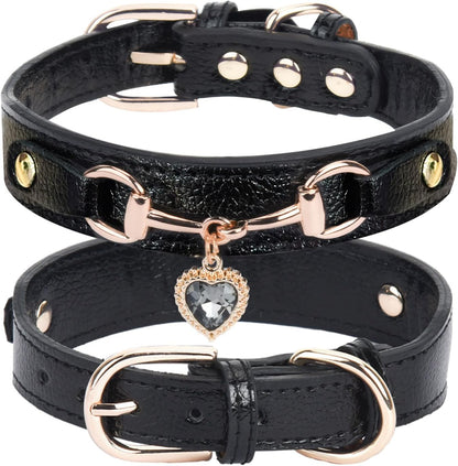 Cute Small Dog Cat Collar, Unique PU Leather - Bling Sparkle in the Sunlit, Puppy Collars with Rhinestone Heart Pendant, Pet Dog Necklace Collar Chihuahua (Pink, XS (Neck 8"-10"))