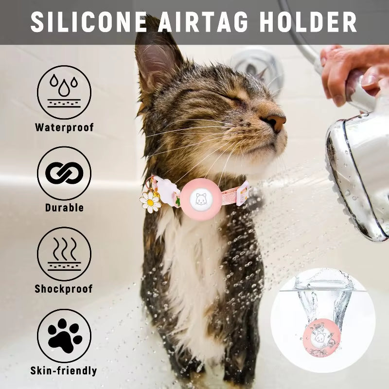 Airtag Case Cat Collar Kitten with Bells and Flower Charm Tracker Adjustable Collars for Kitties and Puppies anti Lost Locator