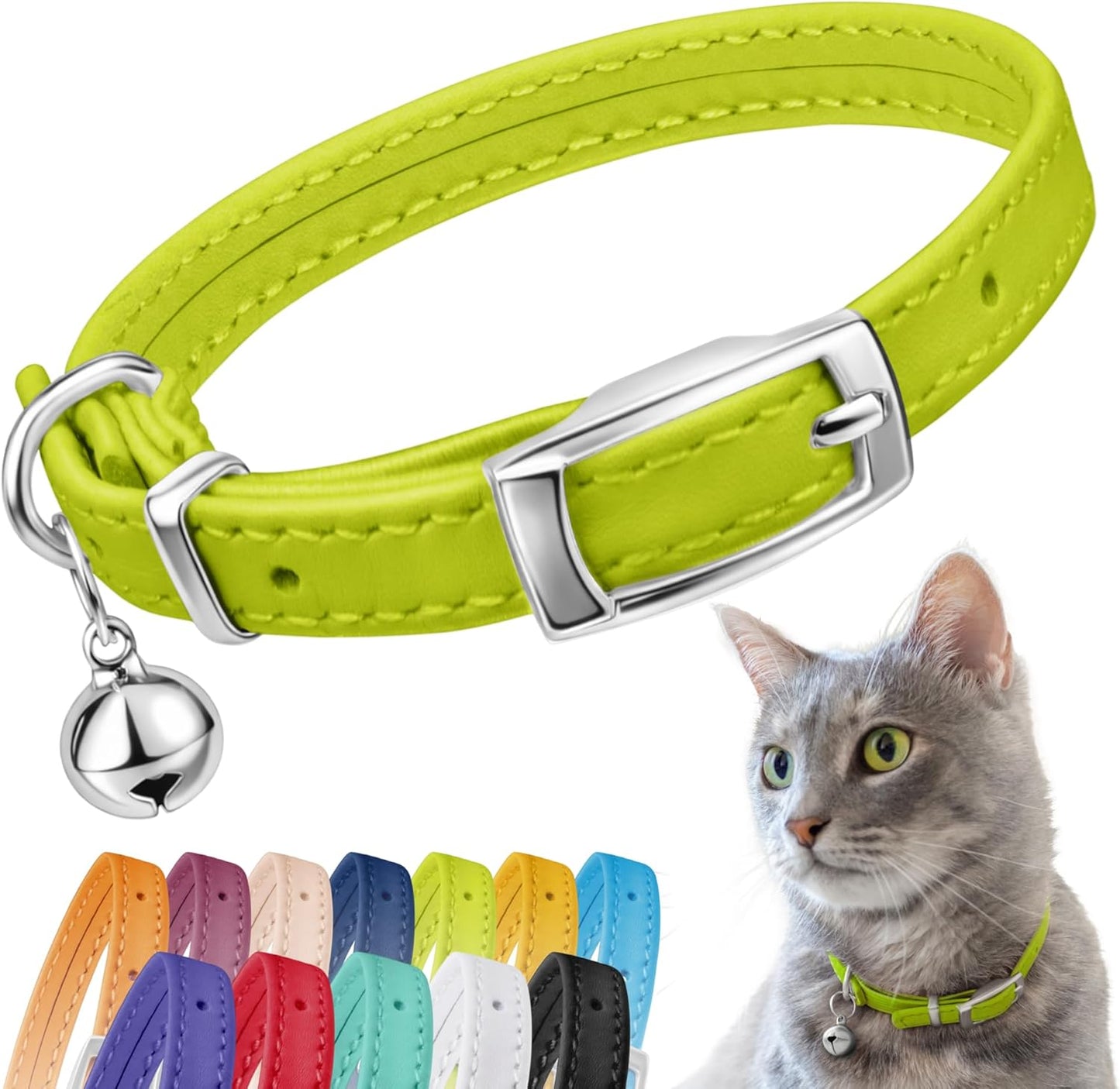 Leather Cat Collar with Removable Bell – Safety Elastic Strap (Breakaway Alternative) – Kitten Collar for Small & Big Boy & Girl Cats