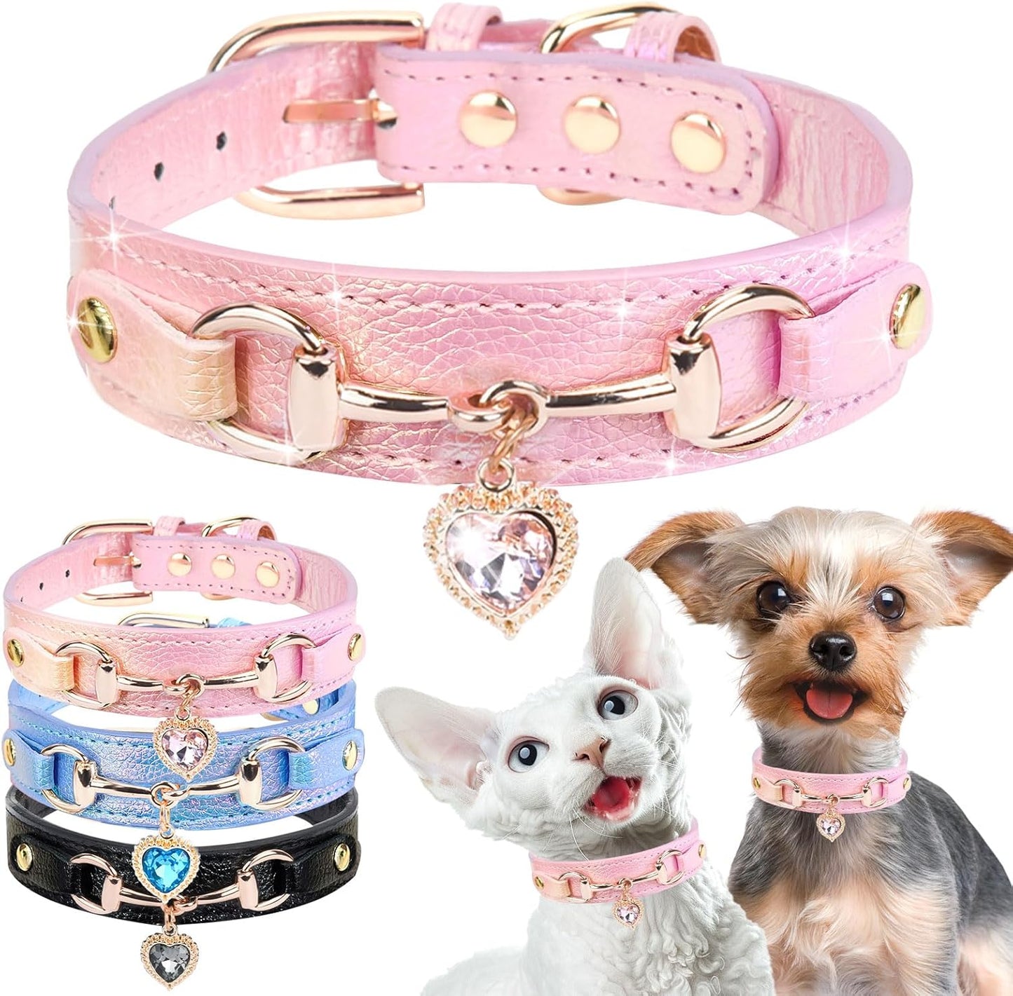 Cute Small Dog Cat Collar, Unique PU Leather - Bling Sparkle in the Sunlit, Puppy Collars with Rhinestone Heart Pendant, Pet Dog Necklace Collar Chihuahua (Pink, XS (Neck 8"-10"))