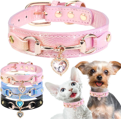 Cute Small Dog Cat Collar, Unique PU Leather - Bling Sparkle in the Sunlit, Puppy Collars with Rhinestone Heart Pendant, Pet Dog Necklace Collar Chihuahua (Pink, XS (Neck 8"-10"))