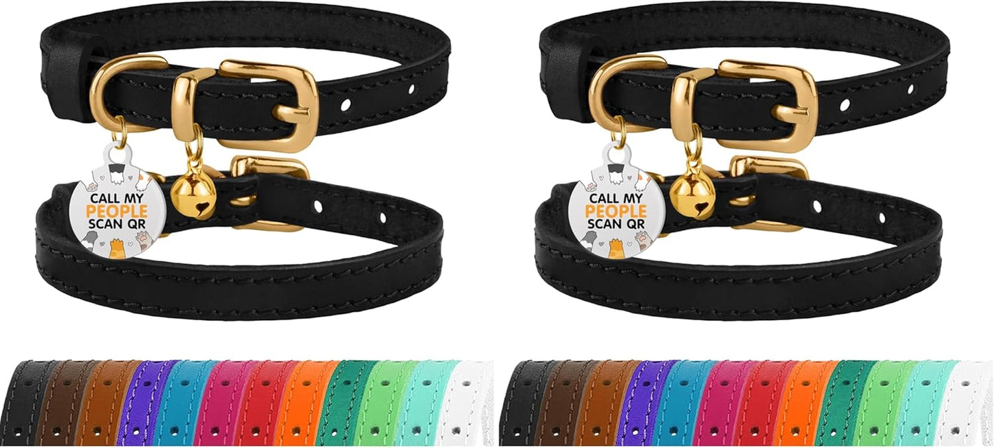 Leather Cat Collar with Removable Bells Non Breakaway Kitten QR Tag for Girl Boy (7" - 9" for Cats, Purple & Gold)