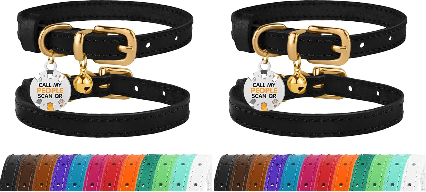 Leather Cat Collar with Removable Bells Non Breakaway Kitten QR Tag for Girl Boy (7" - 9" for Cats, Purple & Gold)