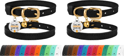 Leather Cat Collar with Removable Bells Non Breakaway Kitten QR Tag for Girl Boy (7" - 9" for Cats, Purple & Gold)