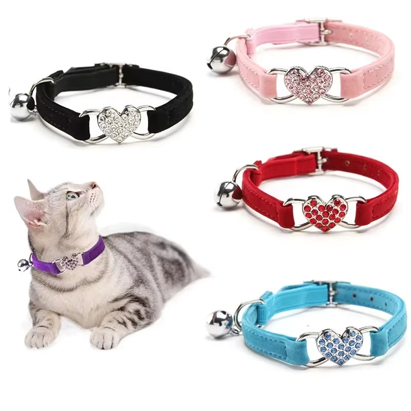 Heart Shaped Cat Collar with Bell Safety Elastic Adjustable Collar Soft Velvet Cat Crystal Collar for Kitten Puppy Pet Supplies