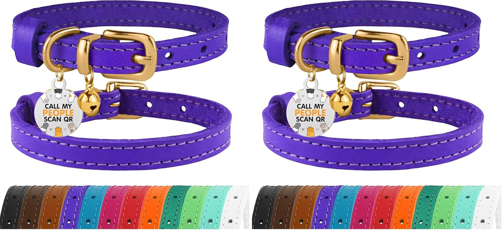 Leather Cat Collar with Removable Bells Non Breakaway Kitten QR Tag for Girl Boy (7" - 9" for Cats, Purple & Gold)