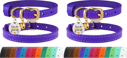 Leather Cat Collar with Removable Bells Non Breakaway Kitten QR Tag for Girl Boy (7" - 9" for Cats, Purple & Gold)