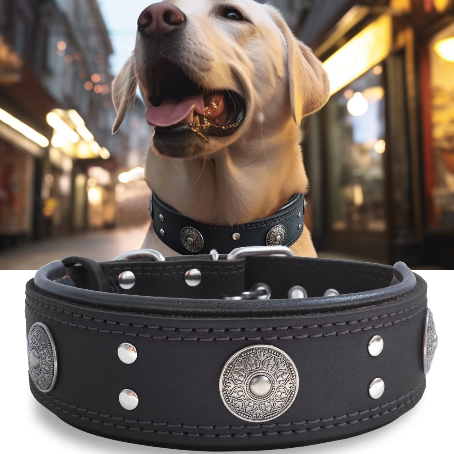 Leather Dog Collar, 2 Inches Wide Heavy Duty Genuine Leather Collars, Handmade, Soft, and Luxury, Eye-Catching Best Choice for Large and Medium Breed Dogs, Orange 18.5-22.5 In