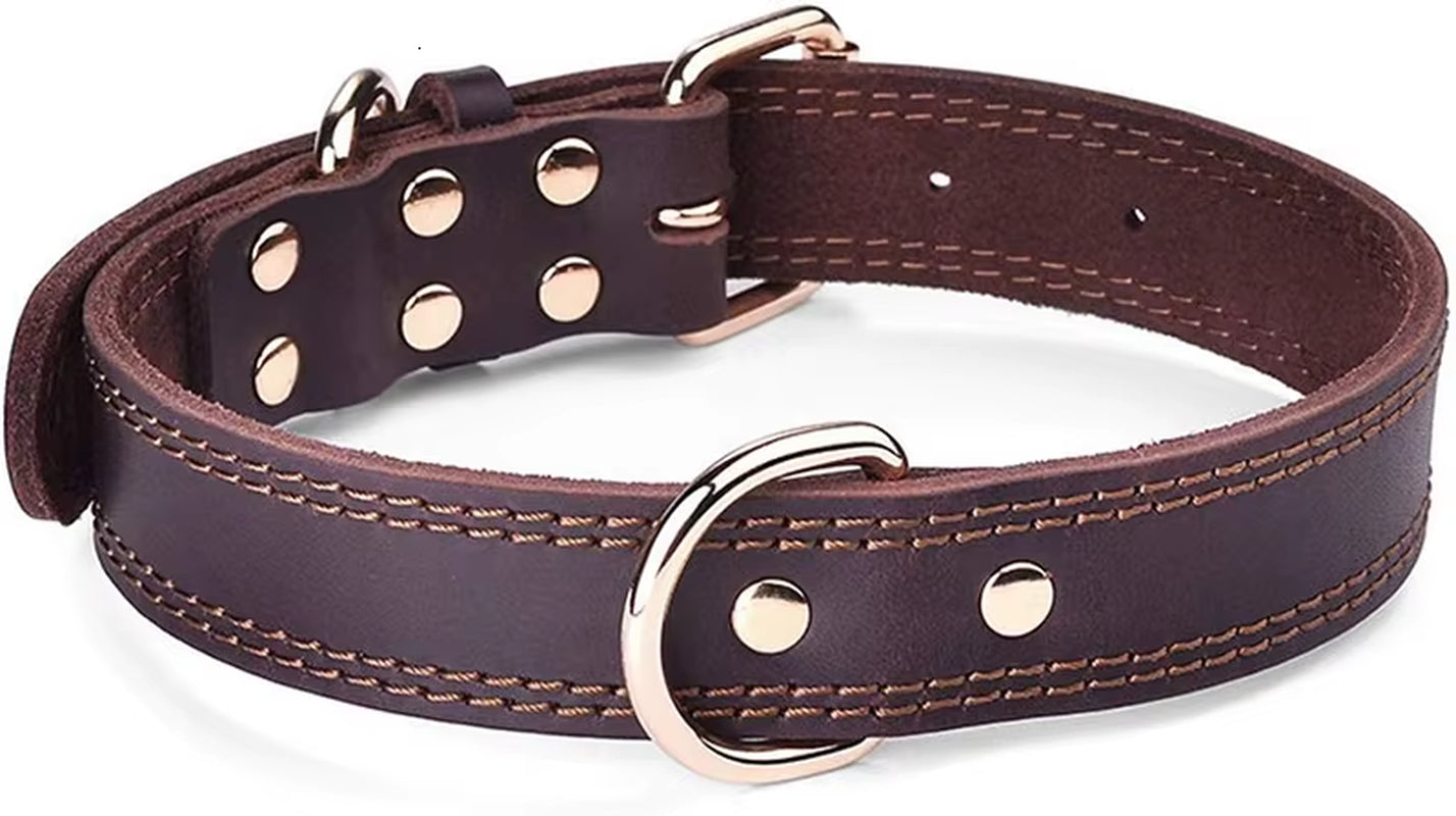 Quality Genuine Leather Dog Collar Durable Vintage Heavy-Duty Rustproof Double D-Ring Pet Collar for Medium Large Dogs