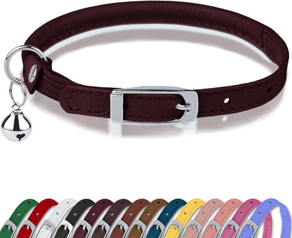 Rolled Leather Cat Collar with Bell, Reflective Kitten Collars with Buckle Include Safety Elastic Strap - Adjustable Small Pet Collars for Boy Girl Cats (White)