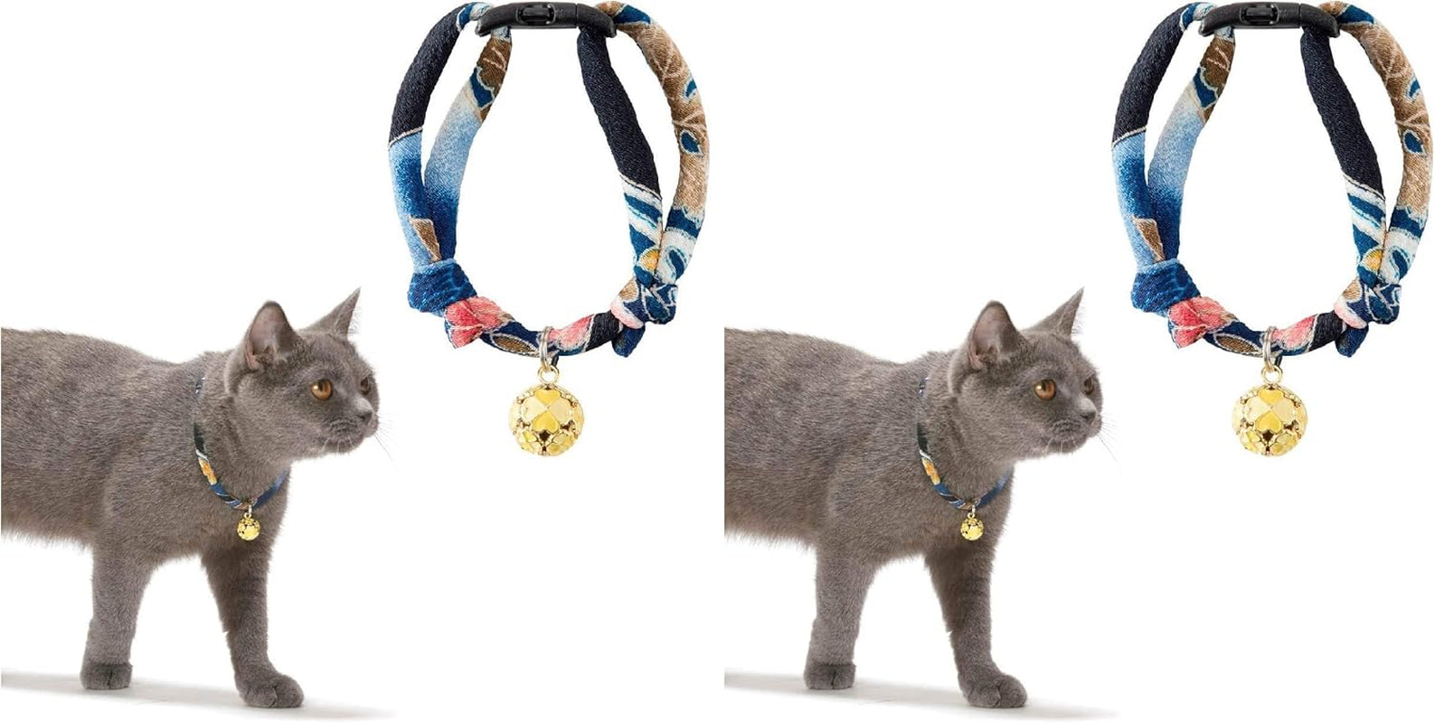 Chirimen Cat Collar with Clover Bell (Navy) with Bell Safety Breakaway Soft Lightweight for Cats Kitty Kitten Japanese Stylish Pattern, No.1 Seller in Japan