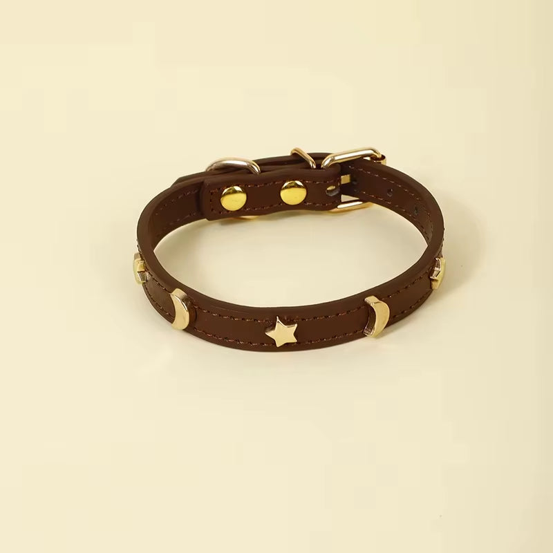 Cute Cat Collar Soft Leather Pet Collars for Small Dog Kitten Puppy Necklace Cats Accessories Star Moon Rivets Decoration XS-M