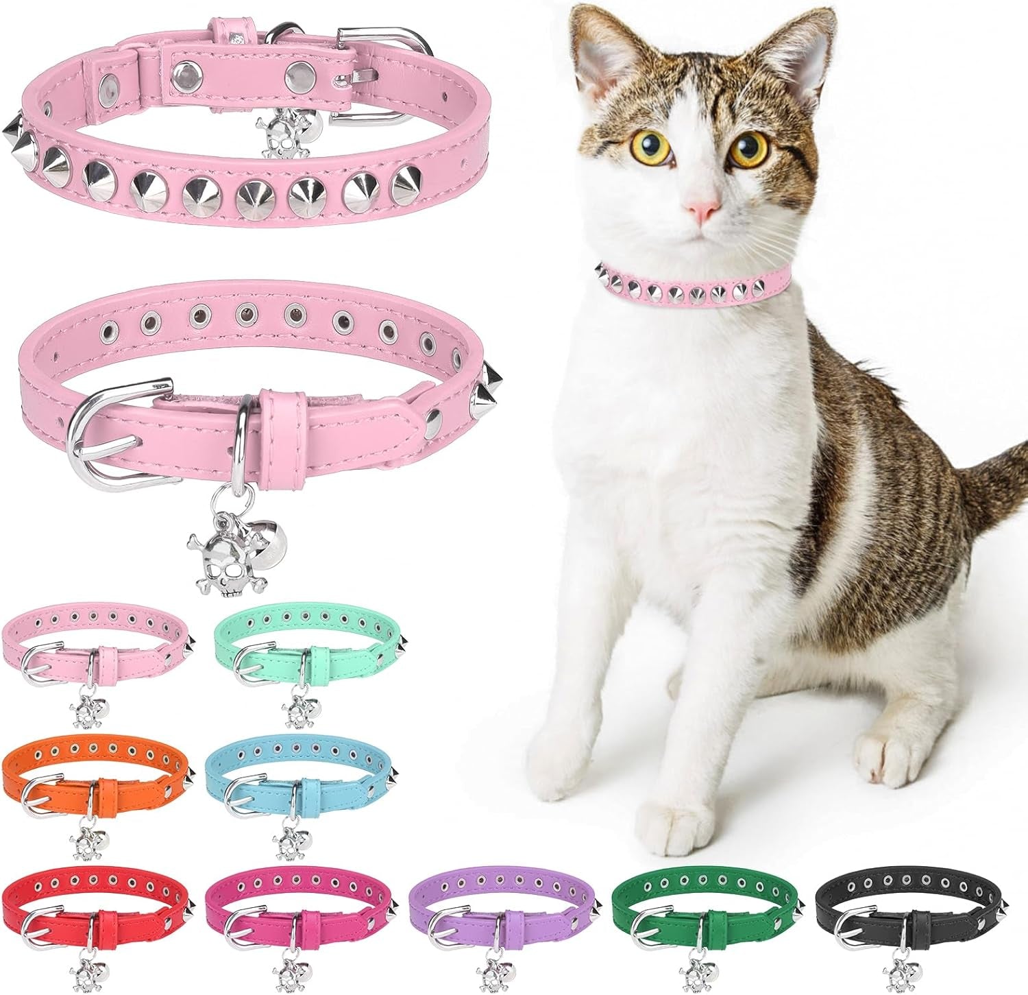 Leather Cat Collars for Boy Girl Cats with Bell and Safety Elastic Belt, Personalized Star and Moon Stud Adjustable Safe Buckle Collar for Kitty Small Big Cats Size 7-9 Inch, Black