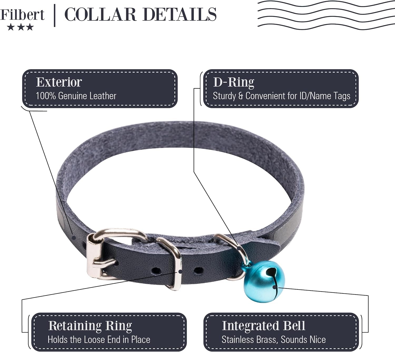 Leather Cat Collar, Reflective Cat Collar, Leather Accessories with Bell, Bird Warning, Suitable for Indoor and Outdoor, Non Breakaway, Durable, Stylish Design, Royal Blue