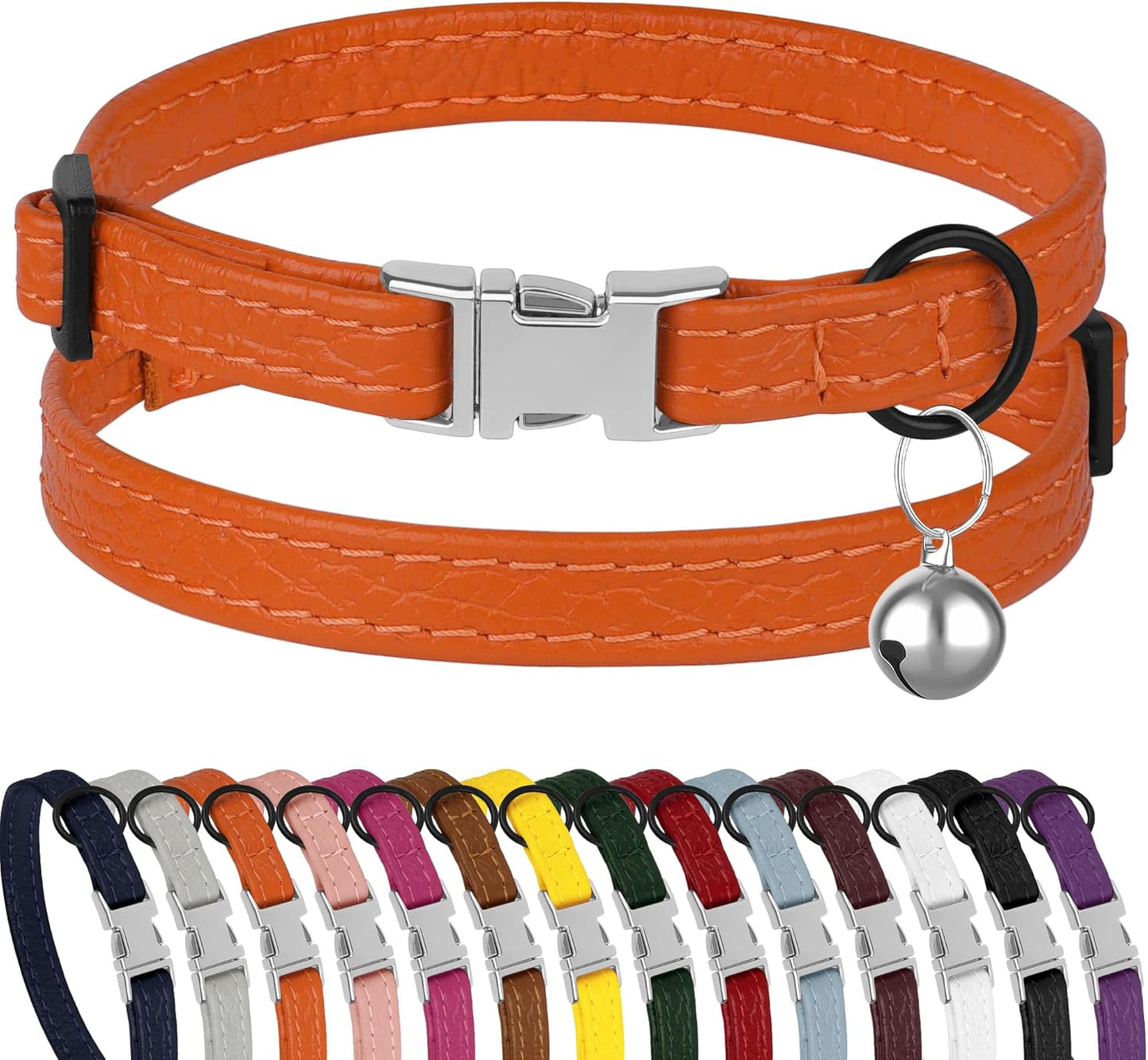 Leather Cat Collar with Buckle and Removable Bell - Non Breakaway Adjustable Soft Safety Small Pet Collars for Girl Boy Cats Kitten (Black)