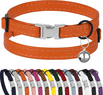 Leather Cat Collar with Buckle and Removable Bell - Non Breakaway Adjustable Soft Safety Small Pet Collars for Girl Boy Cats Kitten (Black)