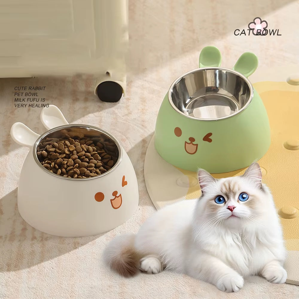 Cute Rabbit Ear Elevated Cat Bowl - Stainless Steel Dog & Cat Food/Water Bowl, Anti-Slip Pet Feeding Dish,