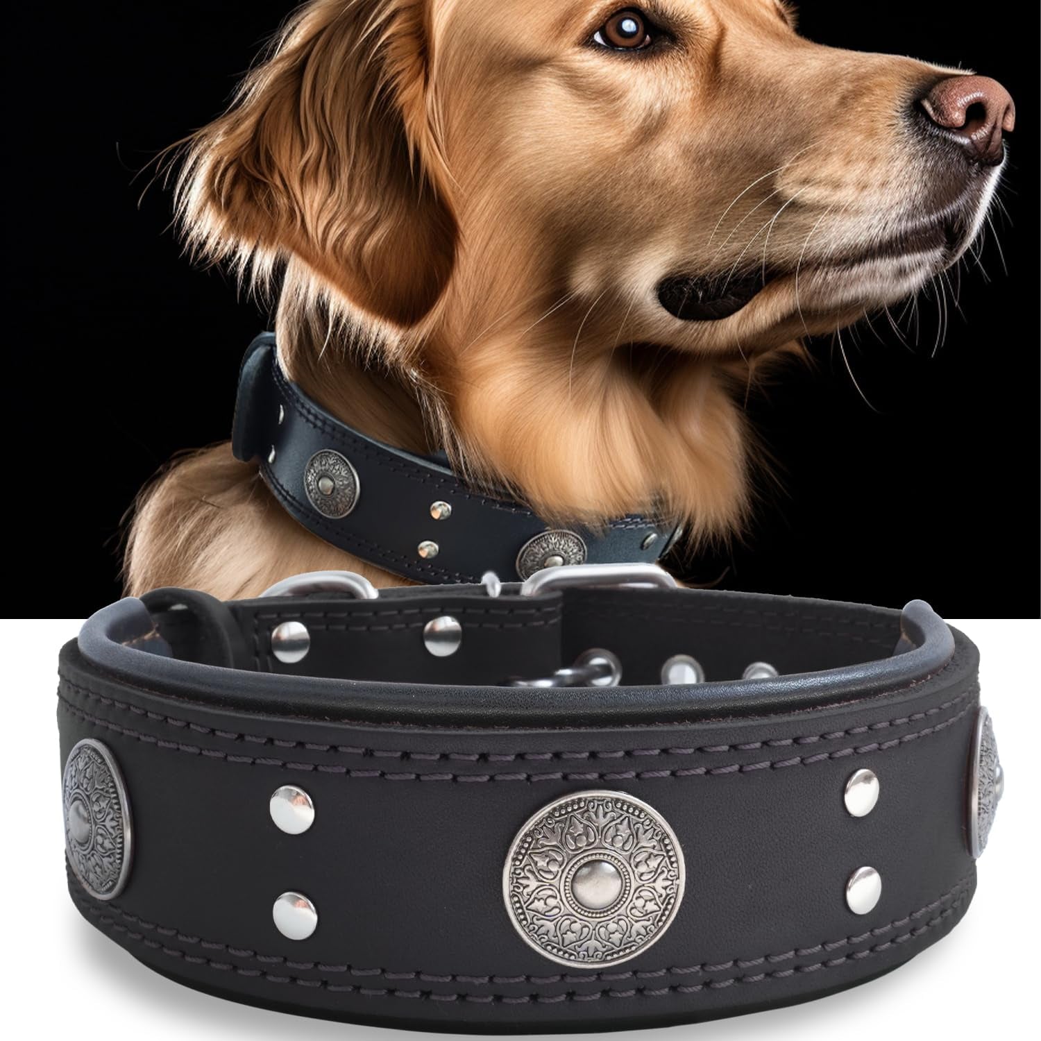Leather Dog Collar, 2 Inches Wide Heavy Duty Genuine Leather Collars, Handmade, Soft, and Luxury, Eye-Catching Best Choice for Large and Medium Breed Dogs, Orange 18.5-22.5 In