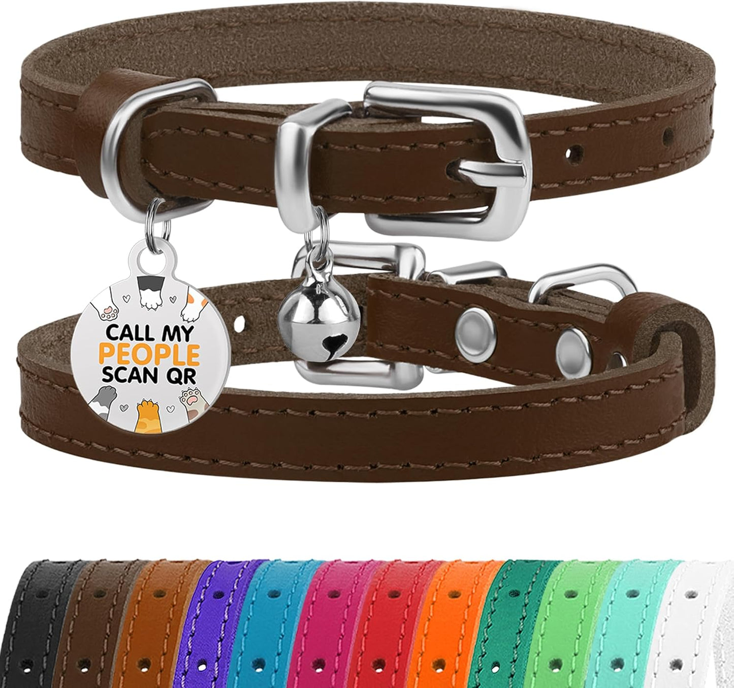 Leather Cat Collar with Removable Bells Non Breakaway Kitten QR Tag for Girl Boy (7" - 9" for Cats, Purple & Gold)