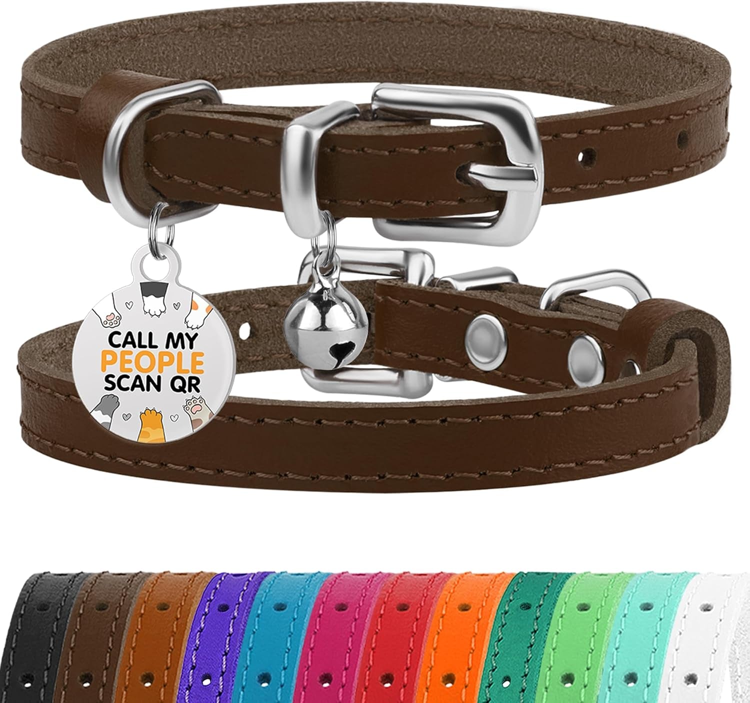 Leather Cat Collar with Removable Bells Non Breakaway Kitten QR Tag for Girl Boy (7" - 9" for Cats, Purple & Gold)