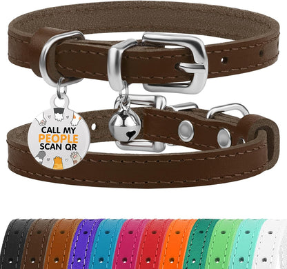 Leather Cat Collar with Removable Bells Non Breakaway Kitten QR Tag for Girl Boy (7" - 9" for Cats, Purple & Gold)