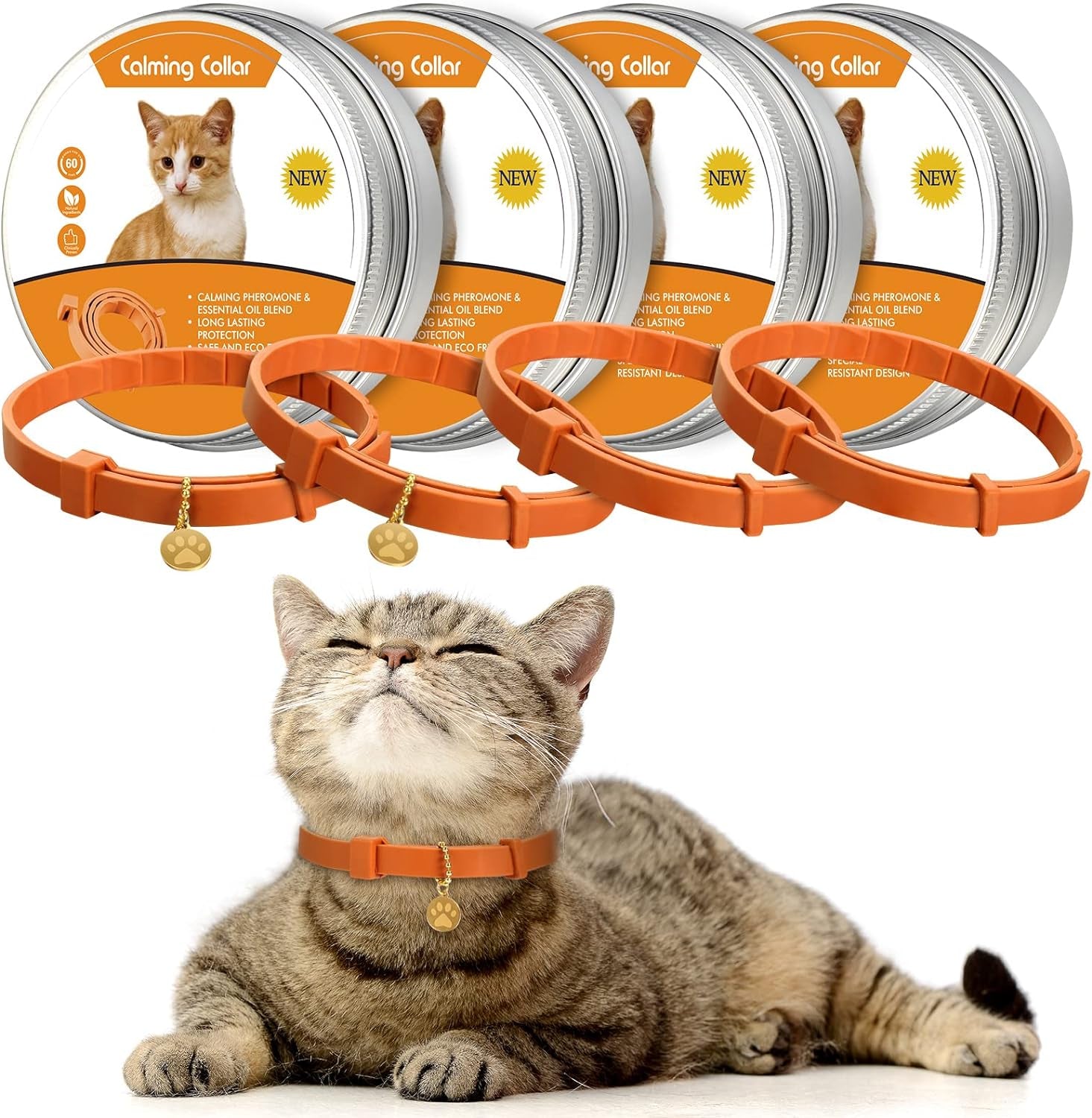 4 Pcs Cat Calming Collar Adjustable Pheromones Scent Relaxing Cat Collar with 2 Pendant for Puppies Reduce Stress Aggression Anxious, up to 15 Inches(Purple, Gold)