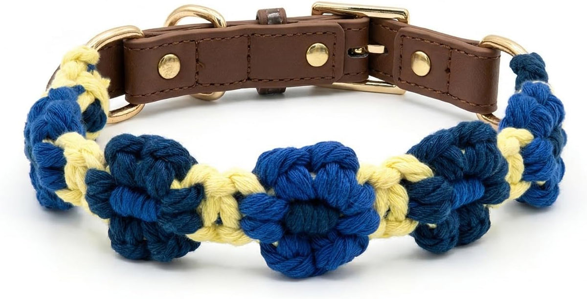Chic Hand-Knitted Flower Dog Collar - Durable Leather with Adjustable Metal Buckle for All Sizes (Brown, L 15-19In)